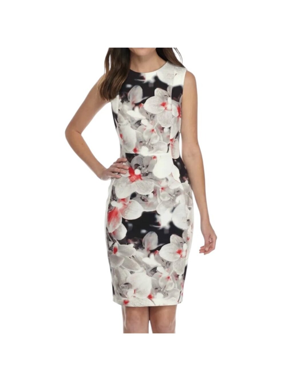 Calvin Klein Floral Print Sleeveless Scuba Sheath Dress Red/White/Black Size 6